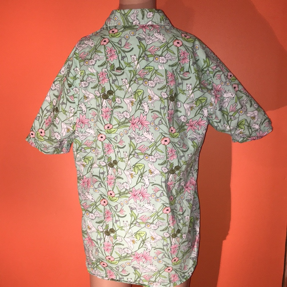 Flowers & Cats Green Button Up Short Sleeve Shirt Size Small 4/6 Cat Lady Blouse - Picture 8 of 9